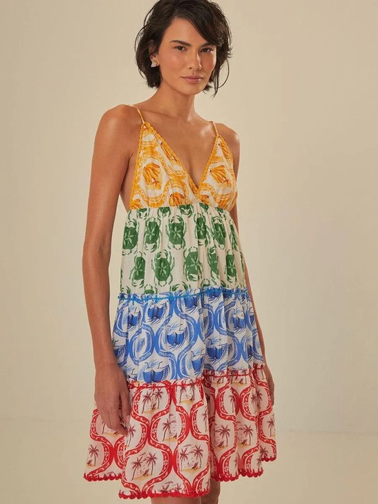 FARM Rio Dresses & Skirts - FARM Rio Multi-Color Tiered V-Neck Spaghetti-Strap Mini Dress